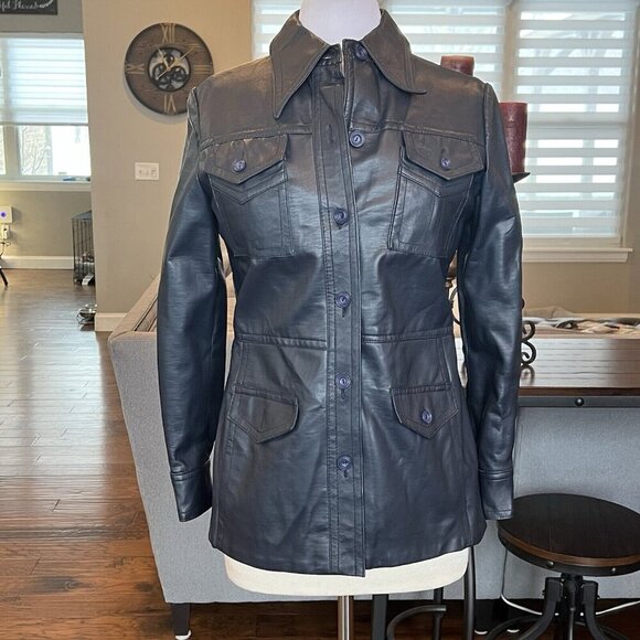 VTG 60's Penney's International Imports Vegan Leather Jacket Navy Blue Size 14 S - Picture 2 of 12
